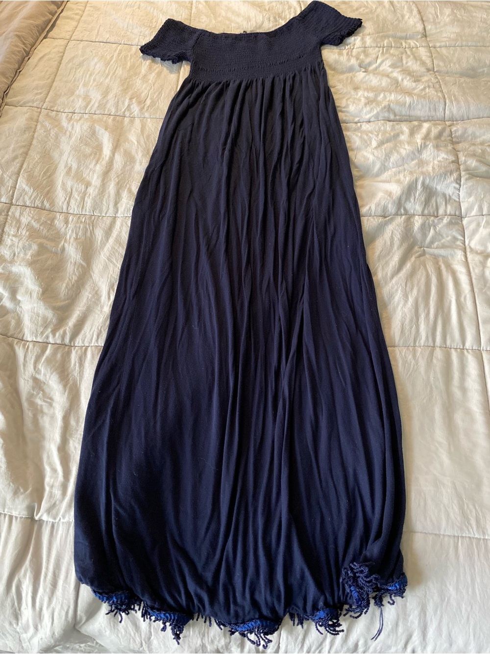Off-Shoulder Navy Maxi Skirt with Fringe Hem